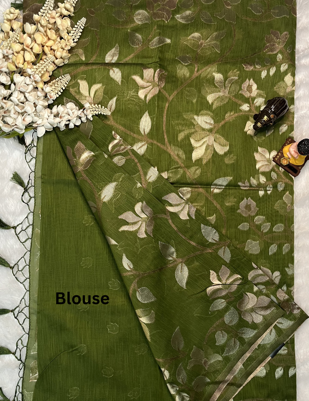 Linen Saree - Golden Jamdani Weaving Body - Bottle Green