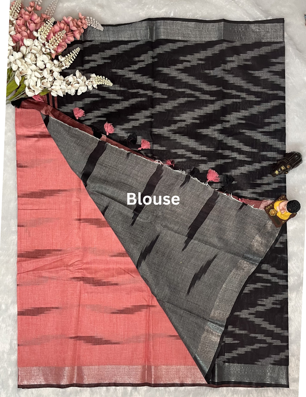 Ikkat Cotton Saree - Lightweight - Peach with Black