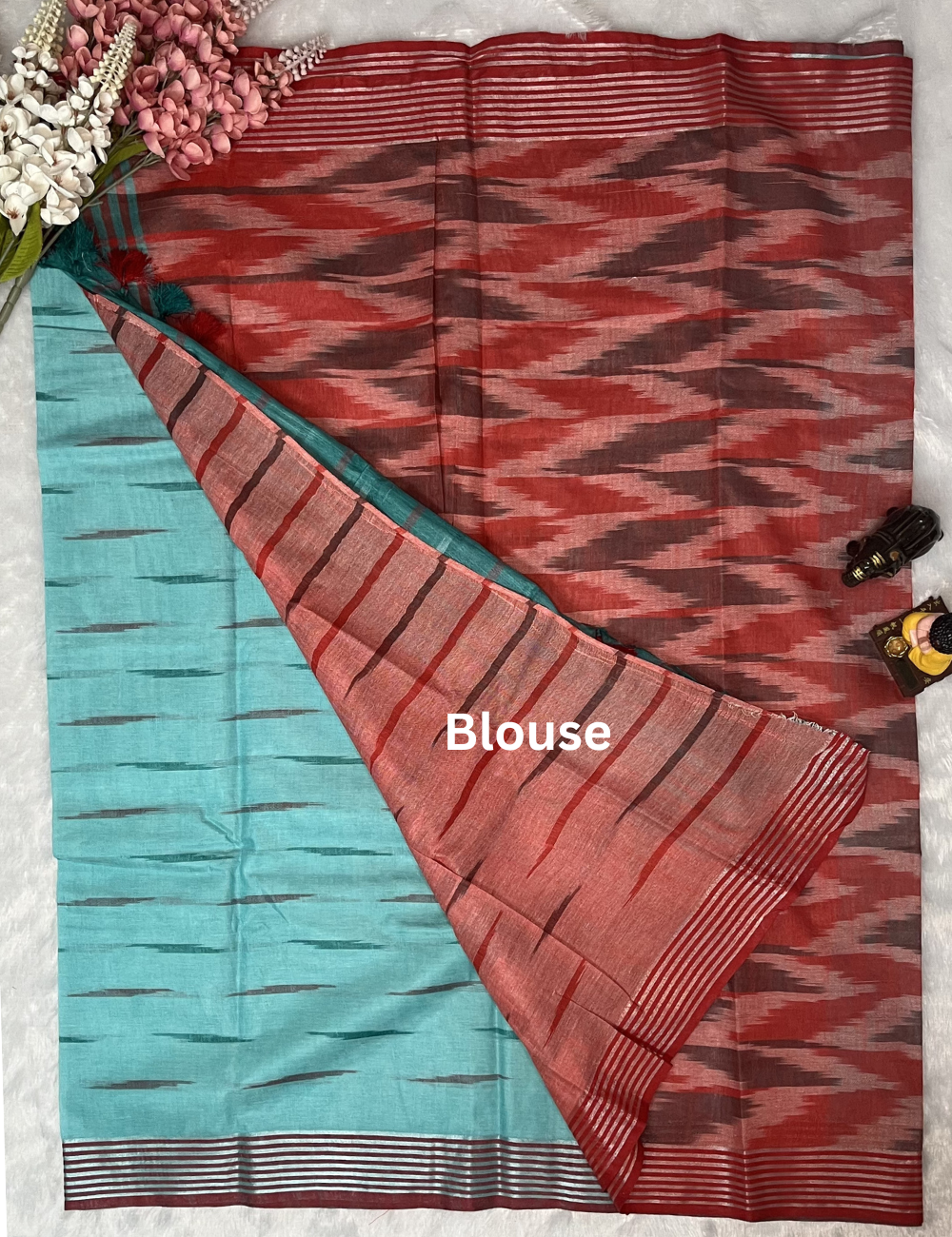 Ikkat Cotton Saree - Lightweight - Blue with Maroon