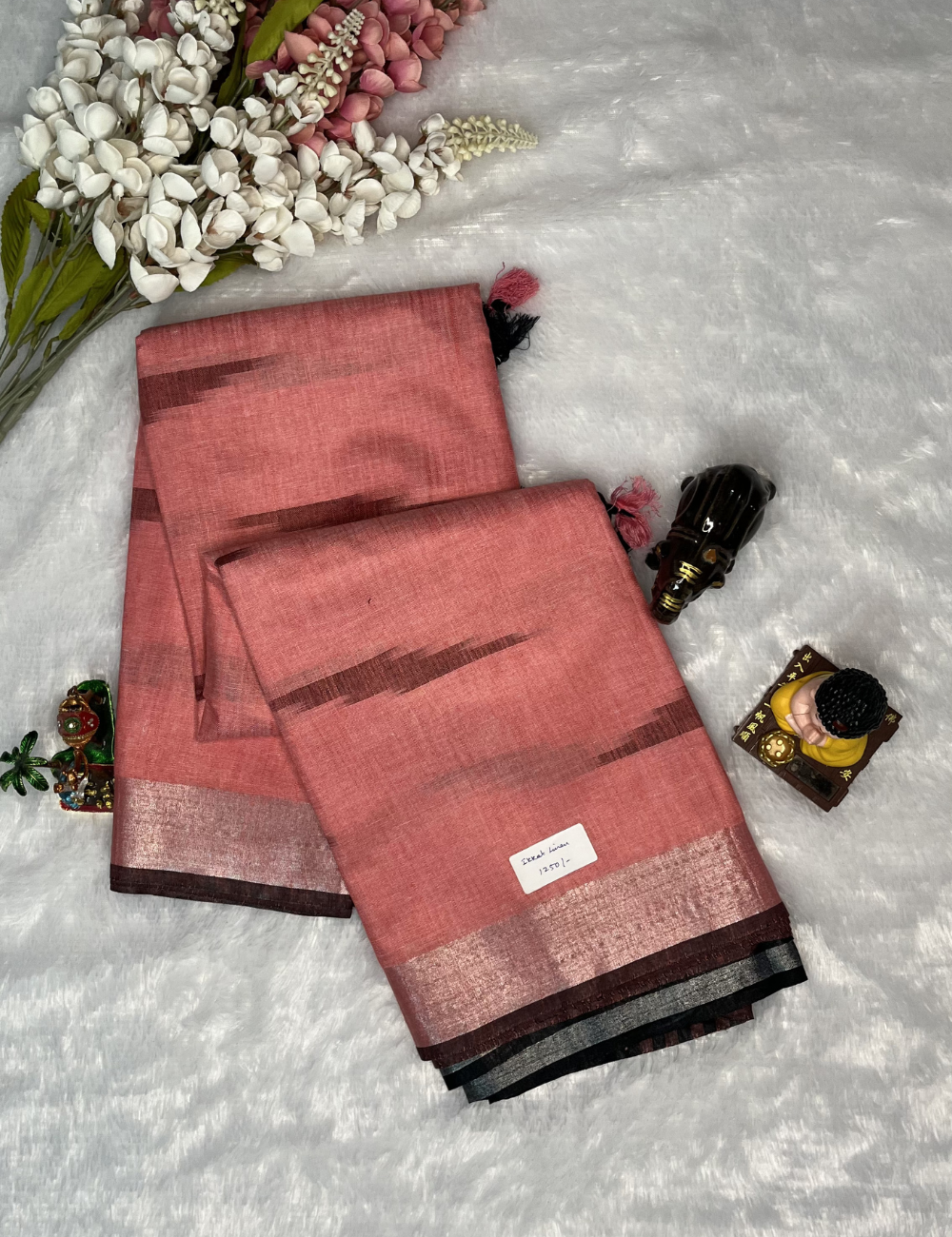 Ikkat Cotton Saree - Lightweight - Peach with Black