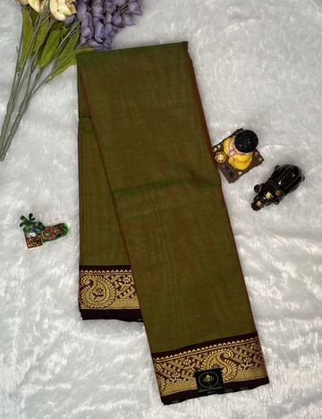 Kanchi Cotton - Dual Shade Green with Brown - Mango Border