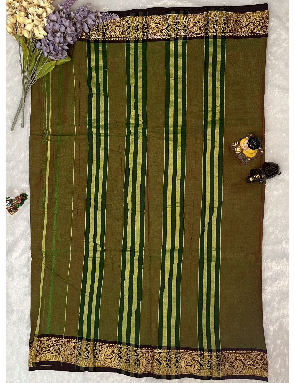 Kanchi Cotton - Dual Shade Green with Brown - Mango Border