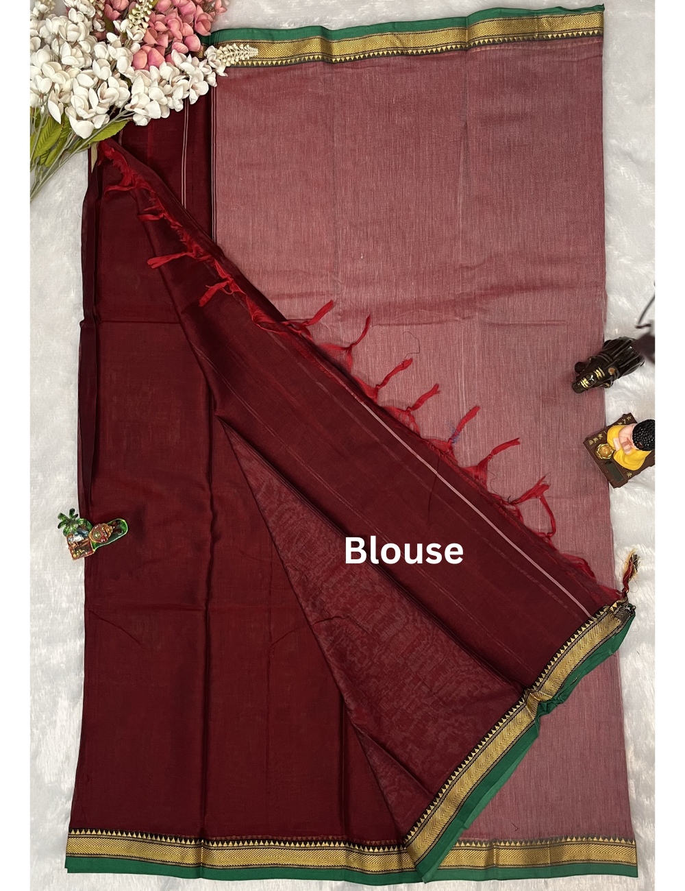 Narayanpet Cotton Saree in Plain Maroon with Small Border - Running Blouse