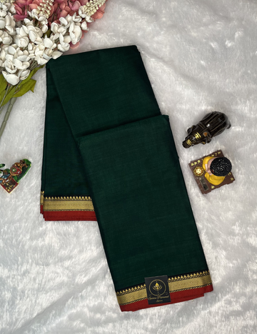 Narayanpet Cotton Saree in Plain Bottle Green with Small Border - Running Blouse