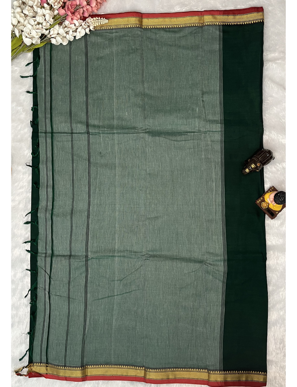 Narayanpet Cotton Saree in Plain Bottle Green with Small Border - Running Blouse