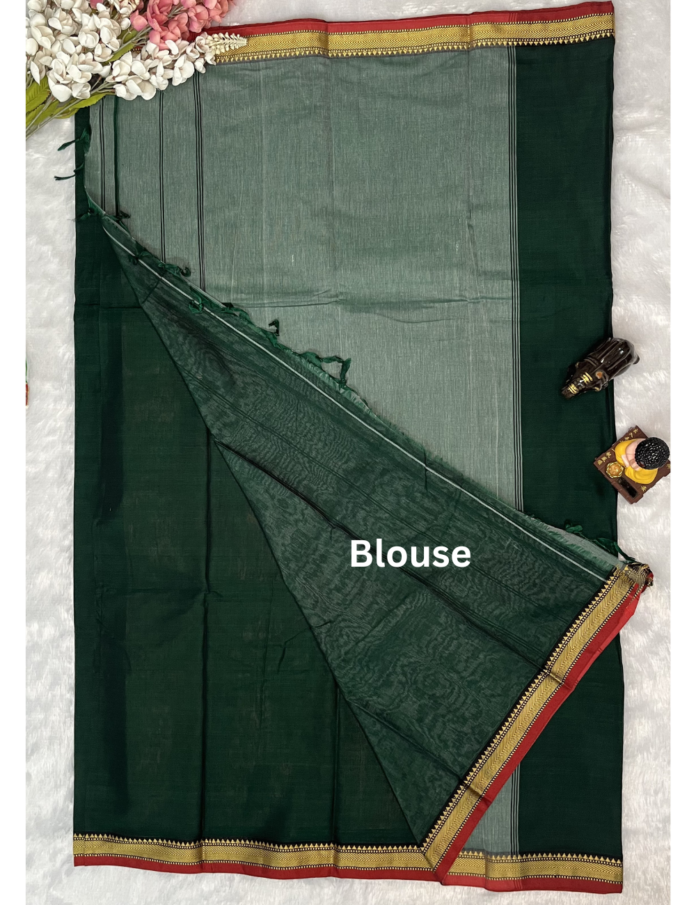 Narayanpet Cotton Saree in Plain Bottle Green with Small Border - Running Blouse