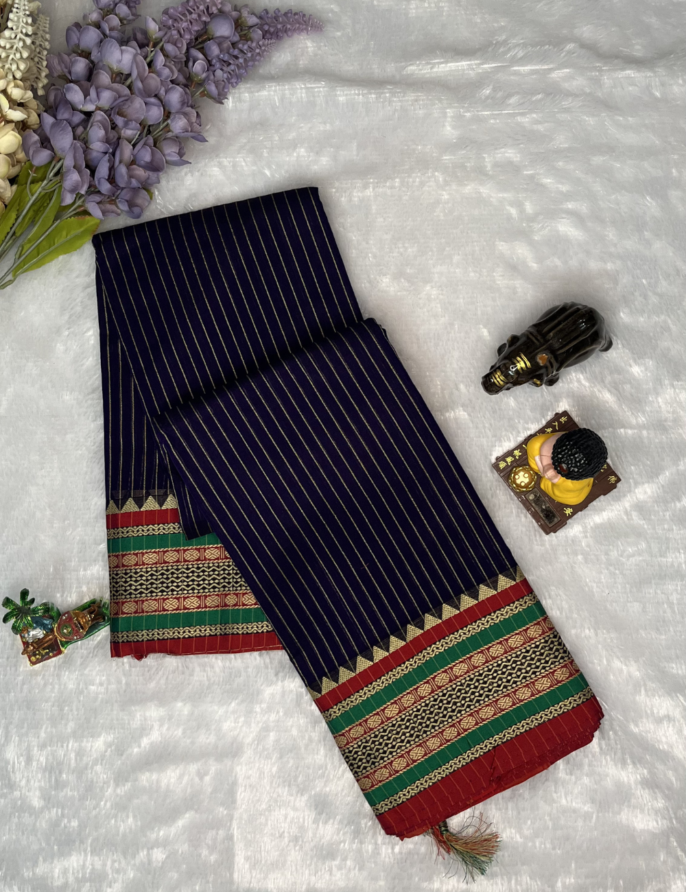 Narayanpet Cotton - Blue Striped Saree - Big Thread Border