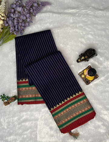 Narayanpet Cotton - Blue Striped Saree - Big Thread Border
