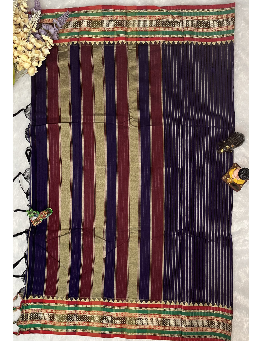 Narayanpet Cotton - Blue Striped Saree - Big Thread Border