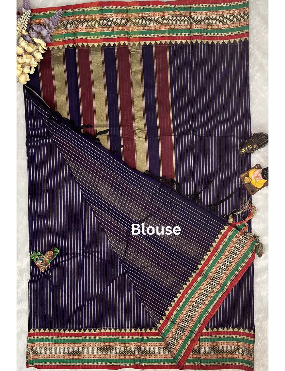 Narayanpet Cotton - Blue Striped Saree - Big Thread Border