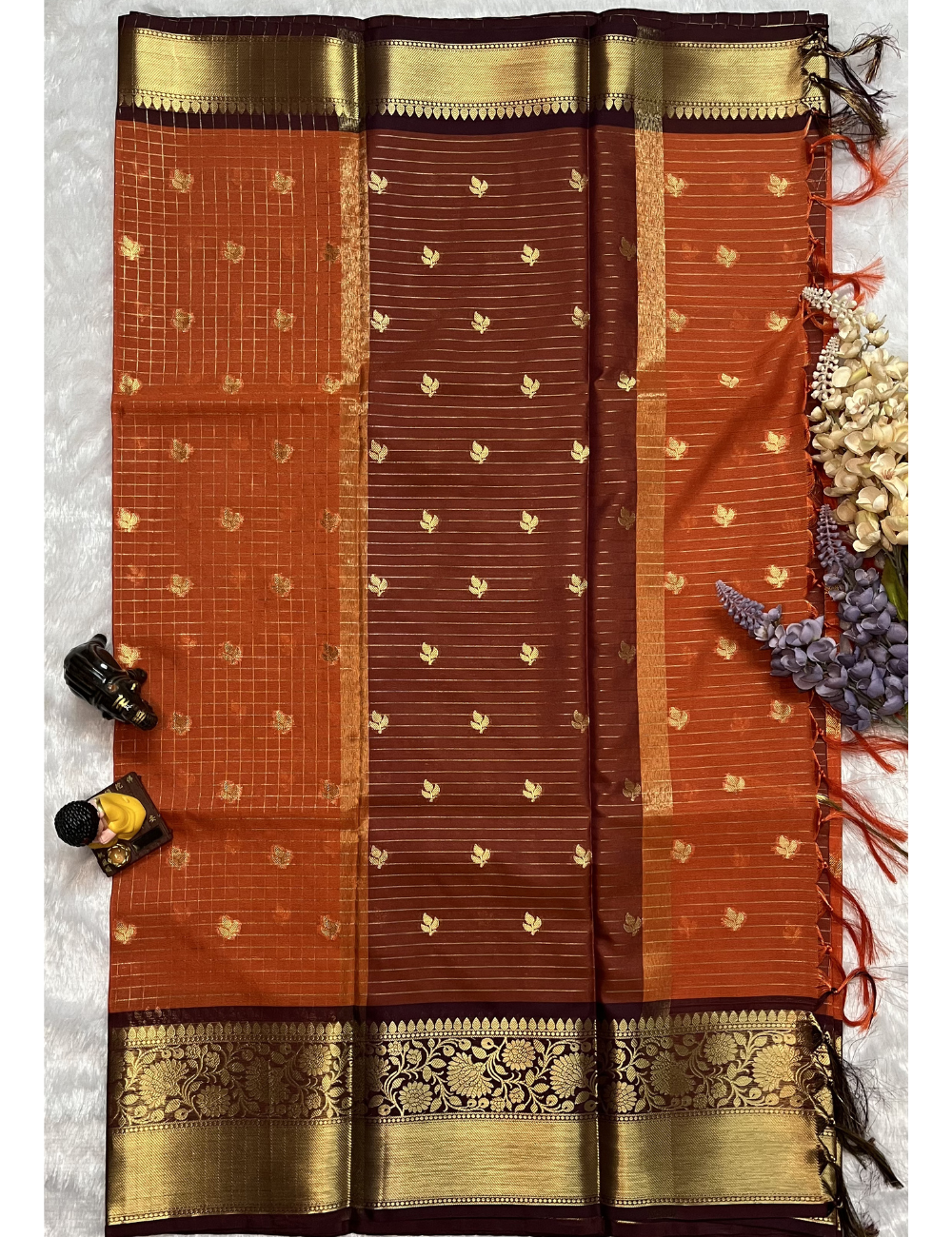 Semi Banarasi Saree - Rust Orange with Coffee Brown - Small Checks