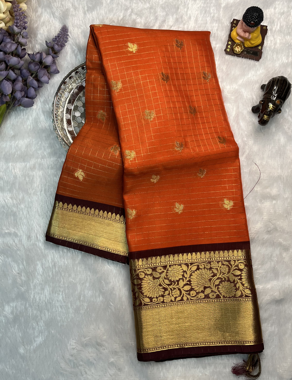 Semi Banarasi Saree - Rust Orange with Coffee Brown - Small Checks