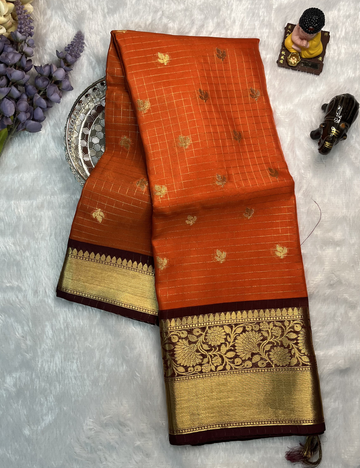 Semi Banarasi Saree - Rust Orange with Coffee Brown - Small Checks