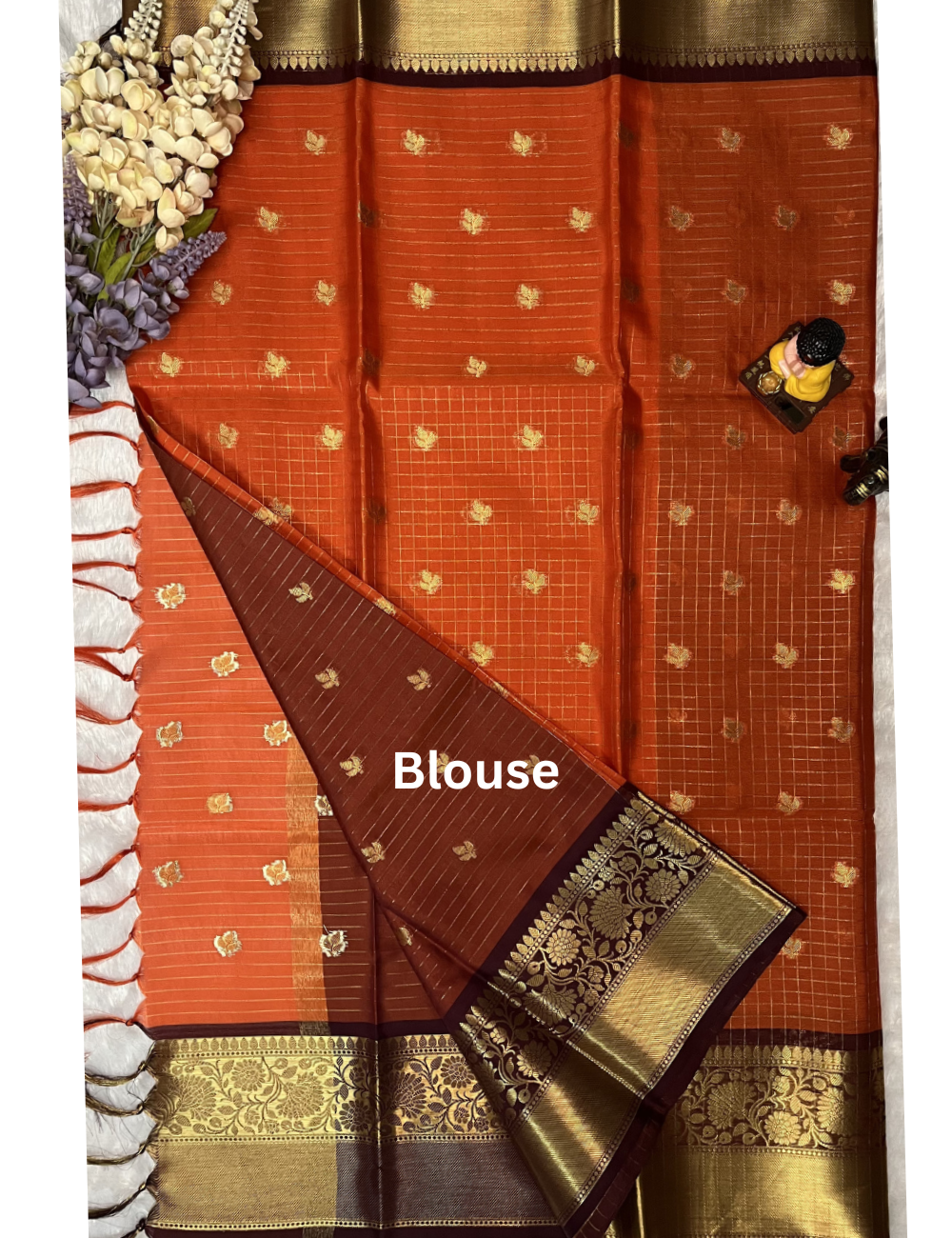 Semi Banarasi Saree - Rust Orange with Coffee Brown - Small Checks