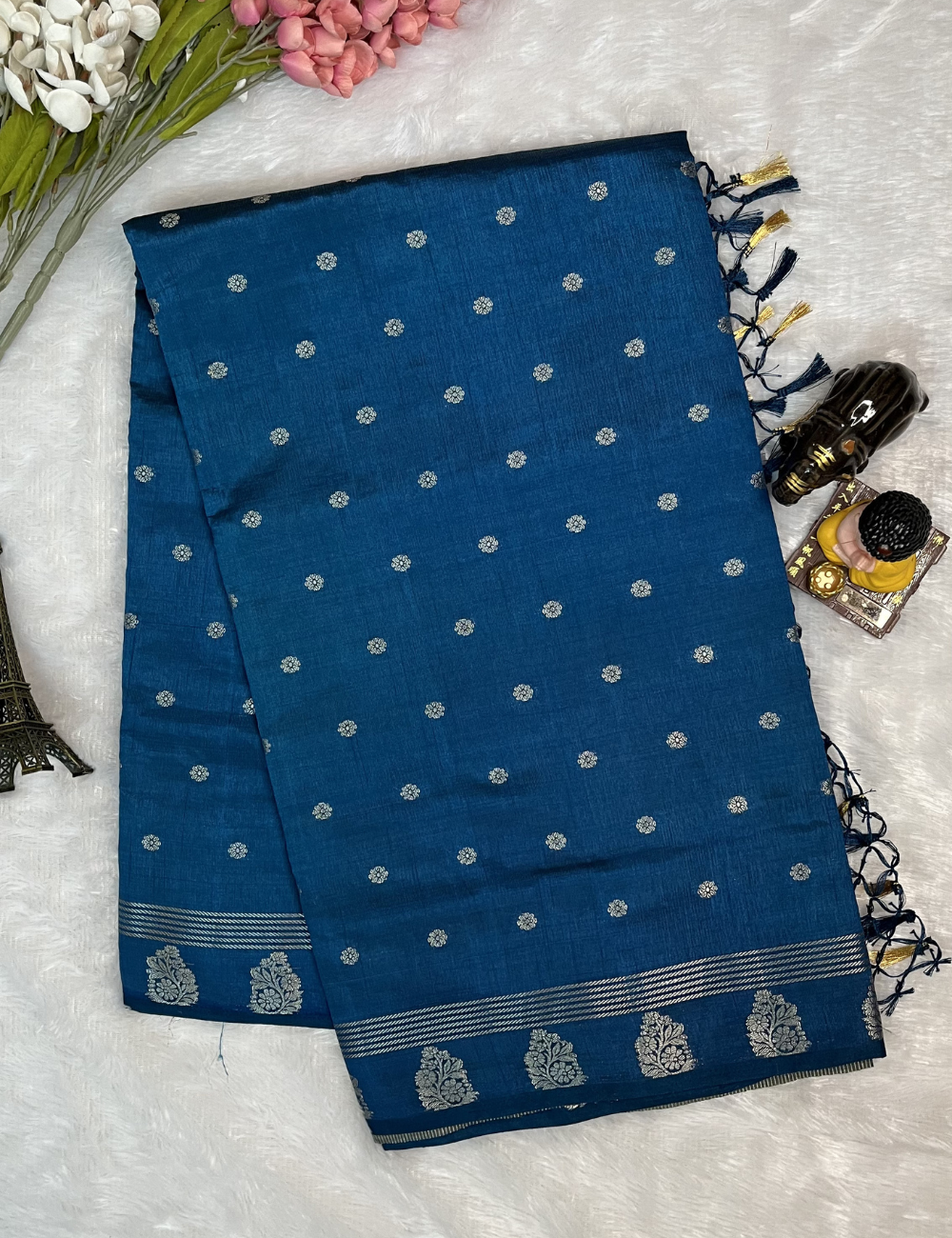 Blue Semi Tussar Saree with Butta All Over - Small Border