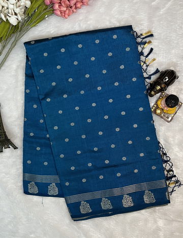 Blue Semi Tussar Saree with Butta All Over - Small Border