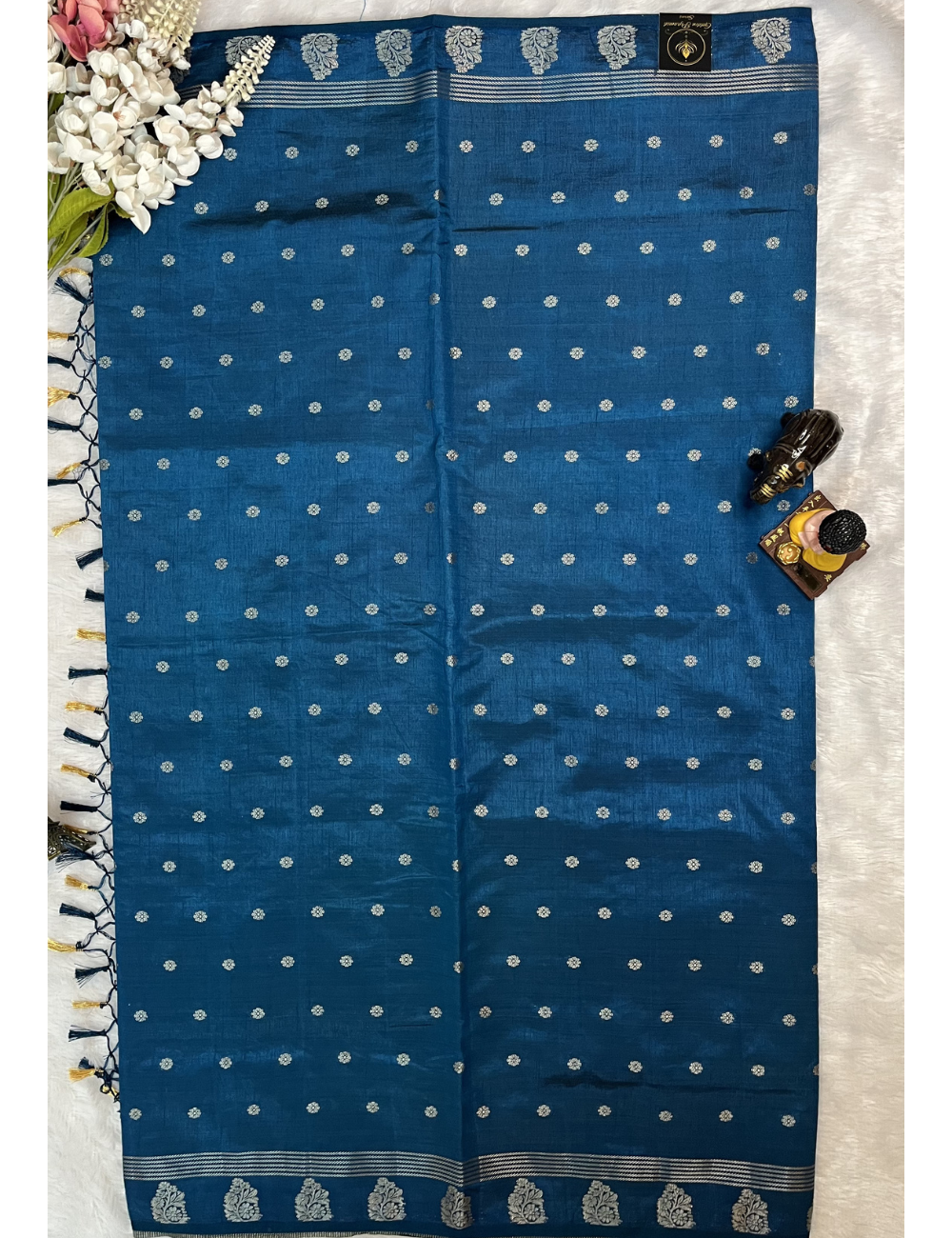 Blue Semi Tussar Saree with Butta All Over - Small Border