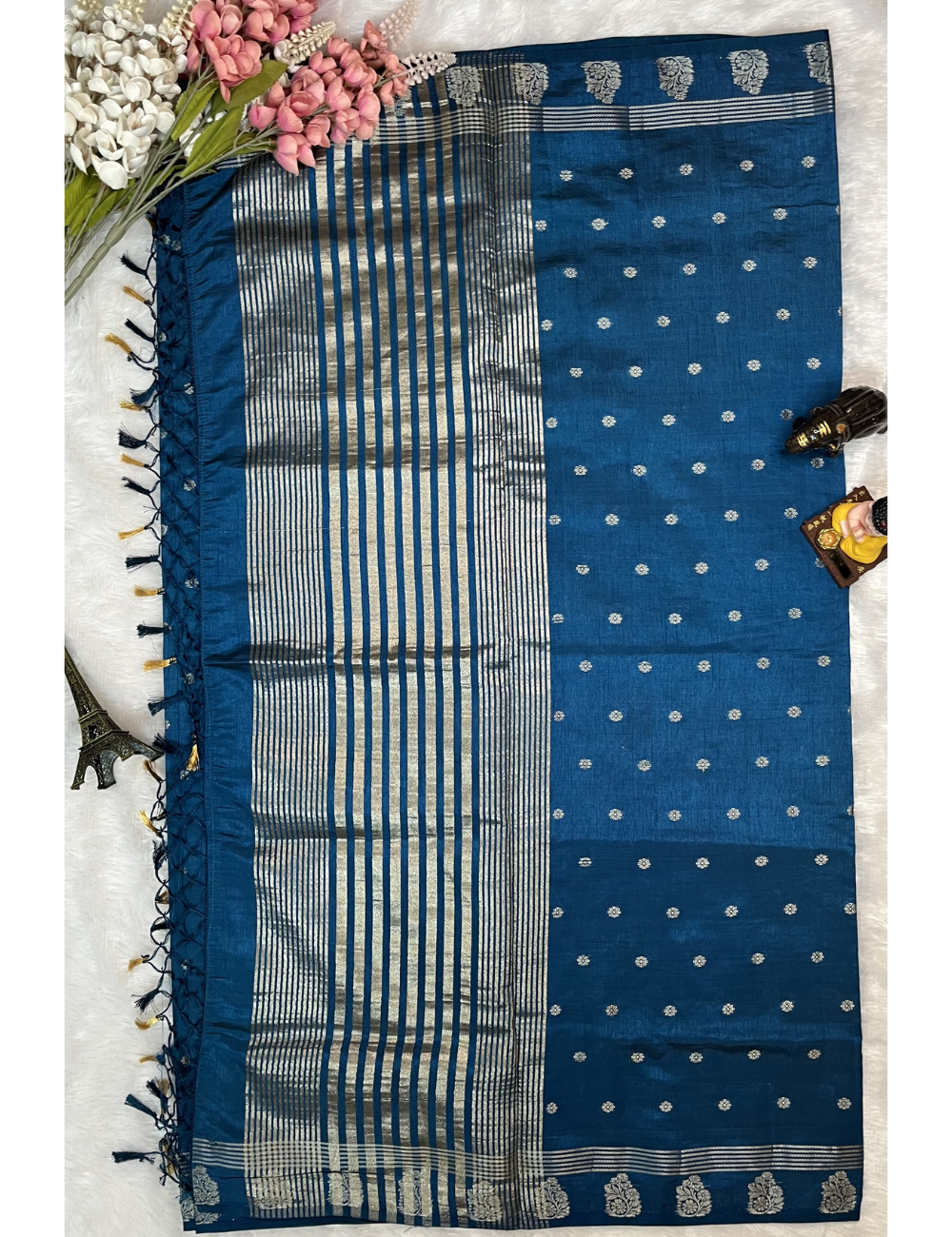 Blue Semi Tussar Saree with Butta All Over - Small Border