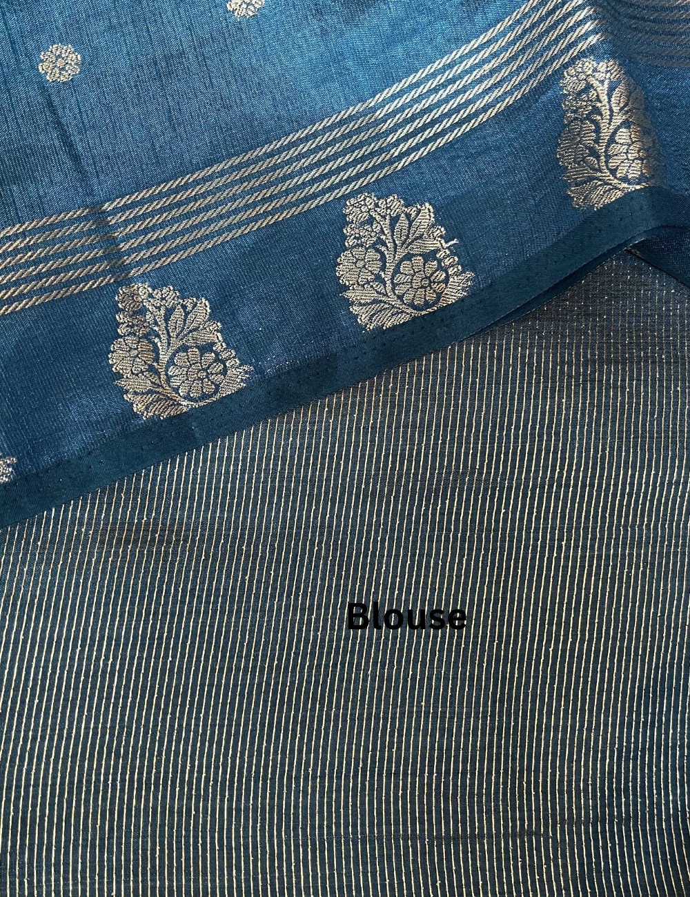 Blue Semi Tussar Saree with Butta All Over - Small Border