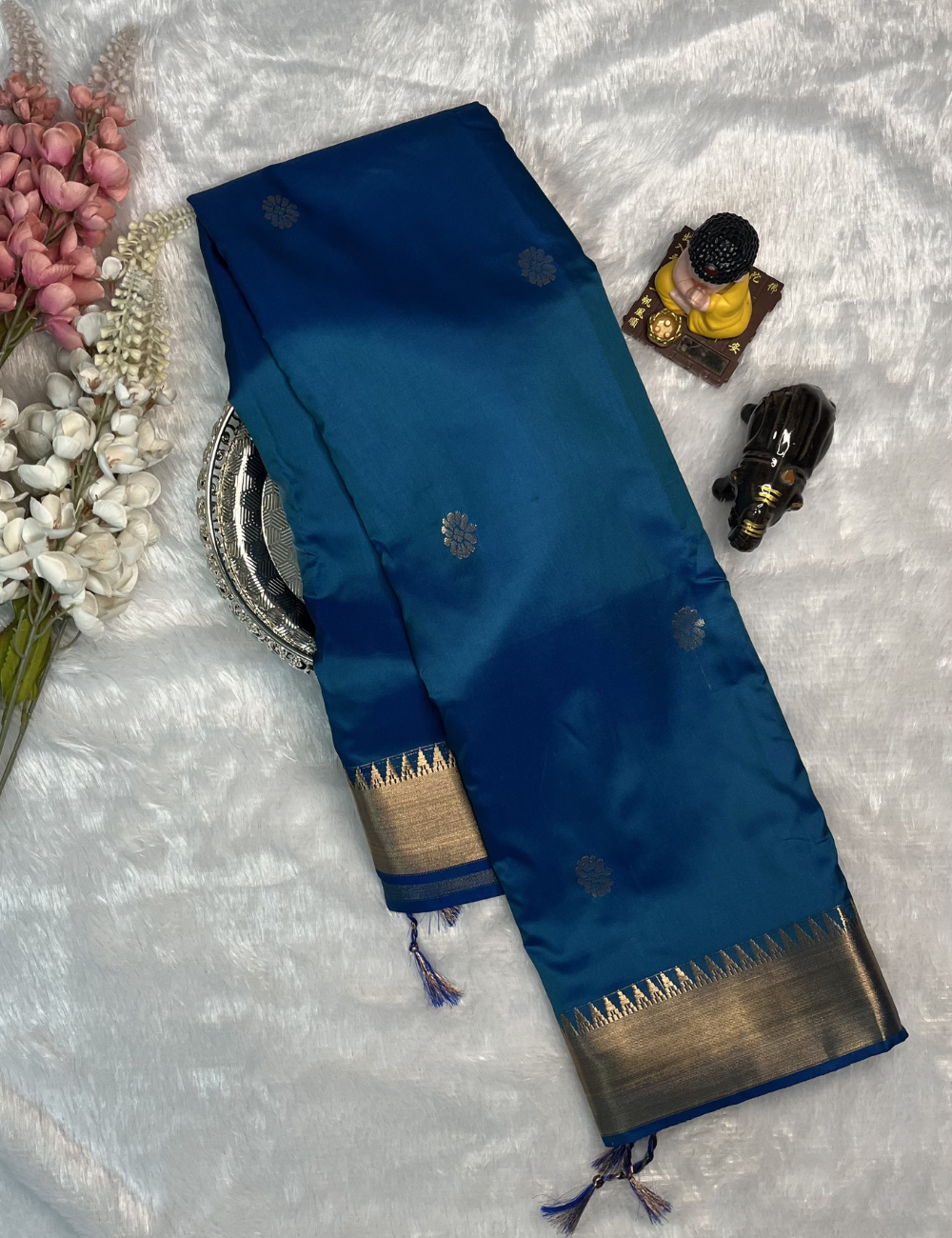 Kanchi Semi Soft Silk Saree - Traditional Butta with Border - Peacock Blue
