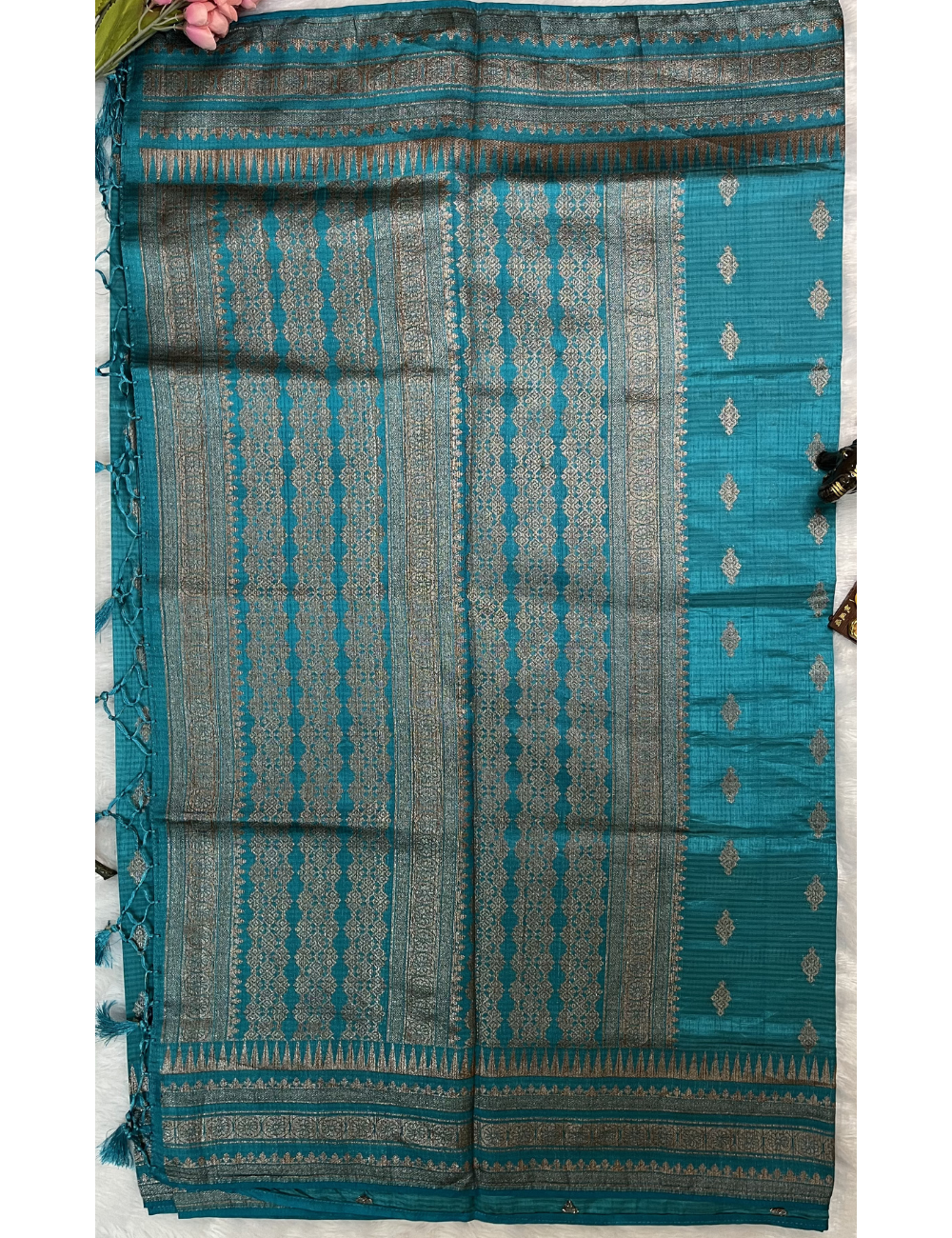 Semi Tussar Saree in Ramar Blue Colour - Rich Border
