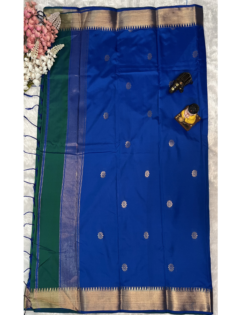 Kanchi Semi Soft Silk Saree - Traditional Butta with Border - Peacock Green