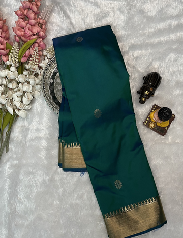 Kanchi Semi Soft Silk Saree - Traditional Butta with Border - Peacock Green