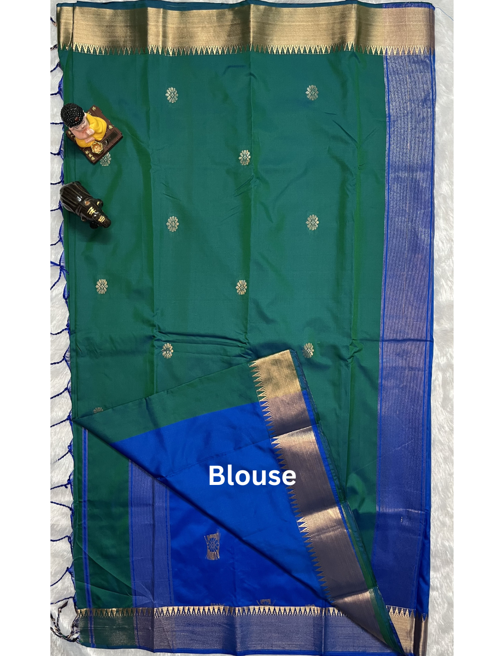 Kanchi Semi Soft Silk Saree - Traditional Butta with Border - Peacock Green