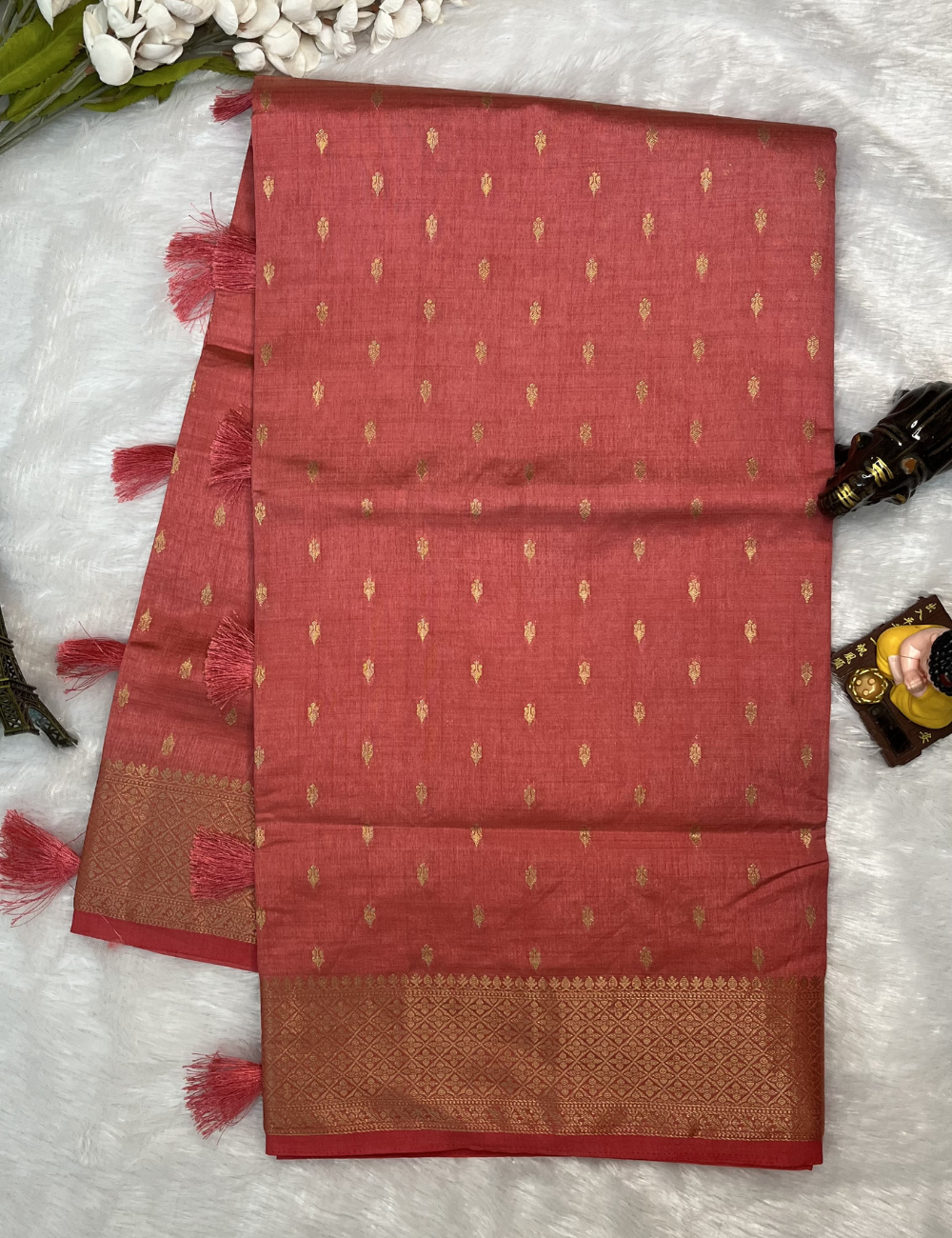 Peach colour Semi Tussar Saree with Butta All Over - Rich Traditional Border