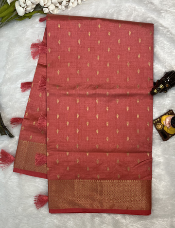 Peach colour Semi Tussar Saree with Butta All Over - Rich Traditional Border