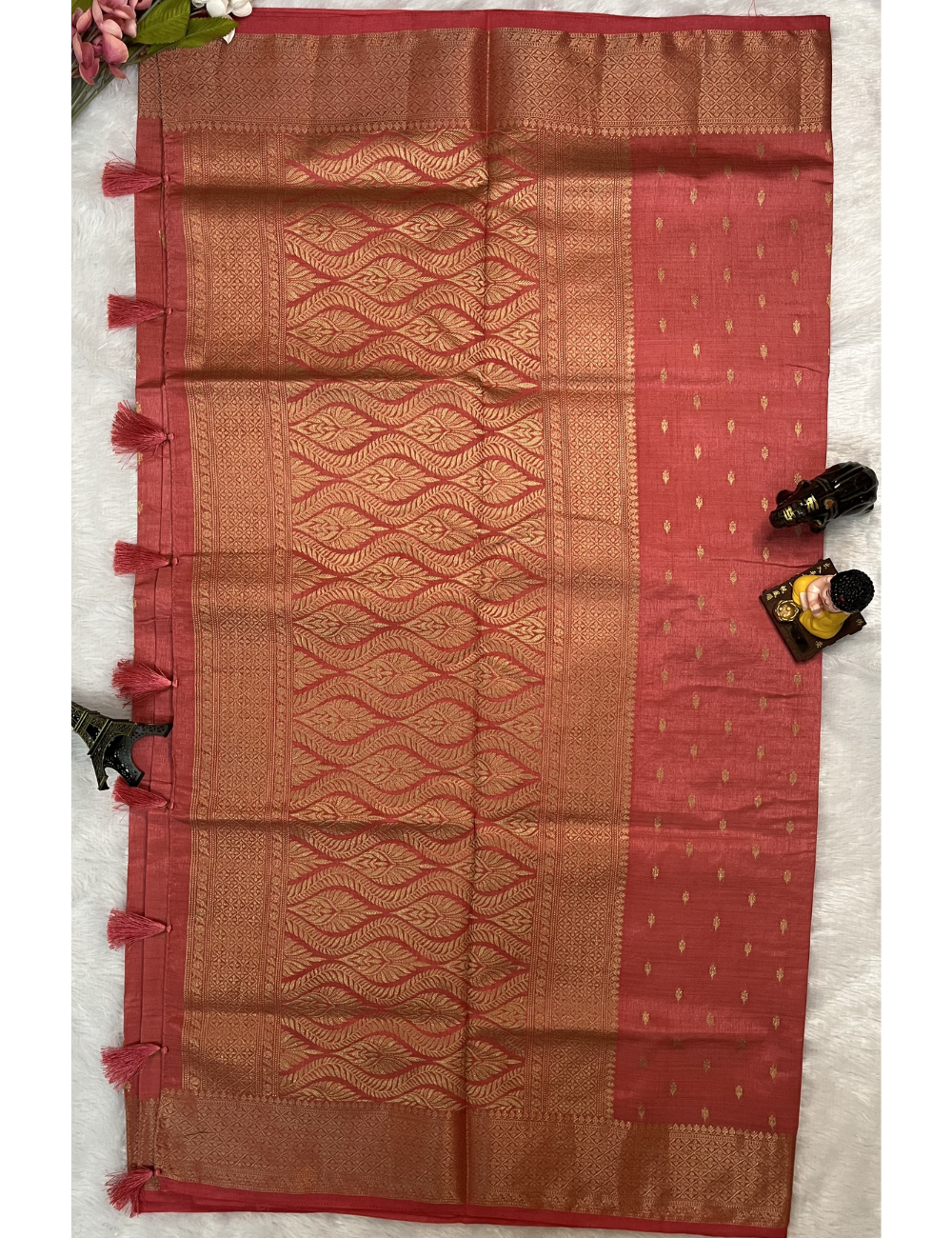 Peach colour Semi Tussar Saree with Butta All Over - Rich Traditional Border