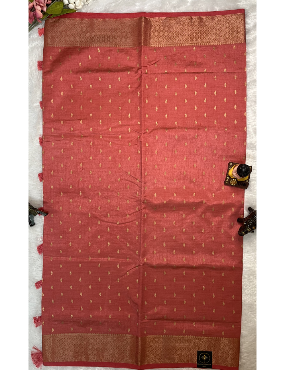 Peach colour Semi Tussar Saree with Butta All Over - Rich Traditional Border