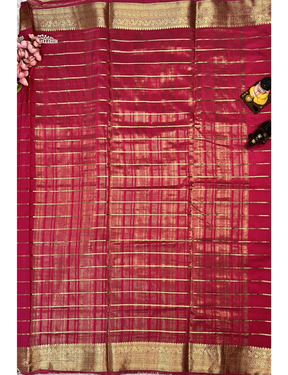 Semi Crepe Saree - Veldhari Pattern Body - Hot Pink