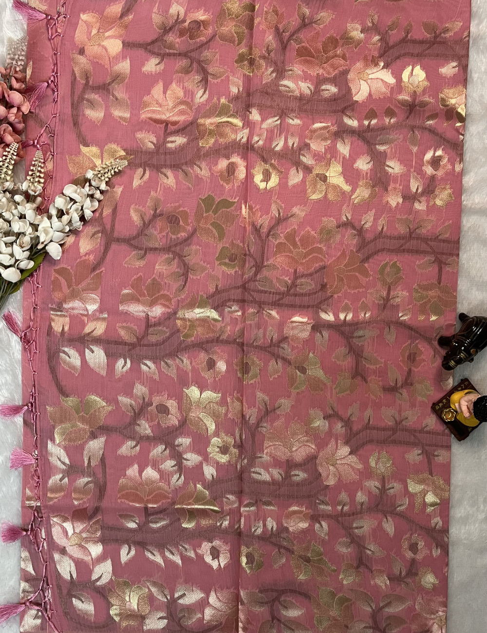 Linen Saree - Golden Jamdani Weaving Body - Baby Pink
