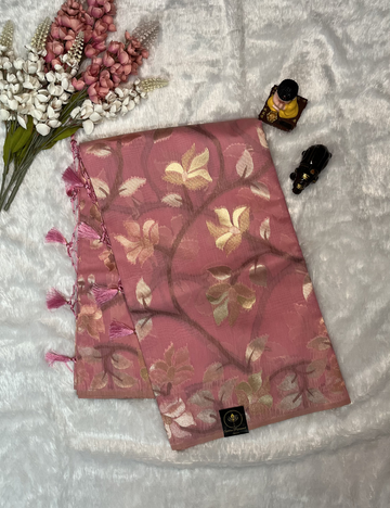 Linen Saree - Golden Jamdani Weaving Body - Baby Pink