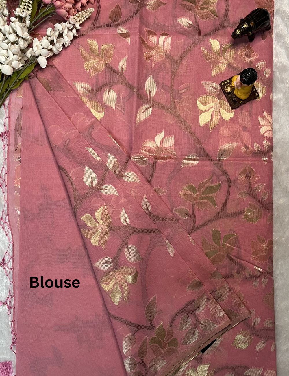 Linen Saree - Golden Jamdani Weaving Body - Baby Pink