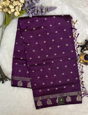 Brinjal Purple Semi Tussar Saree with Butta All Over - Small Border