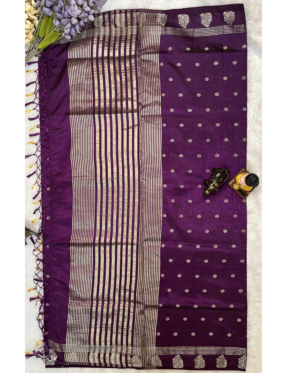 Brinjal Purple Semi Tussar Saree with Butta All Over - Small Border