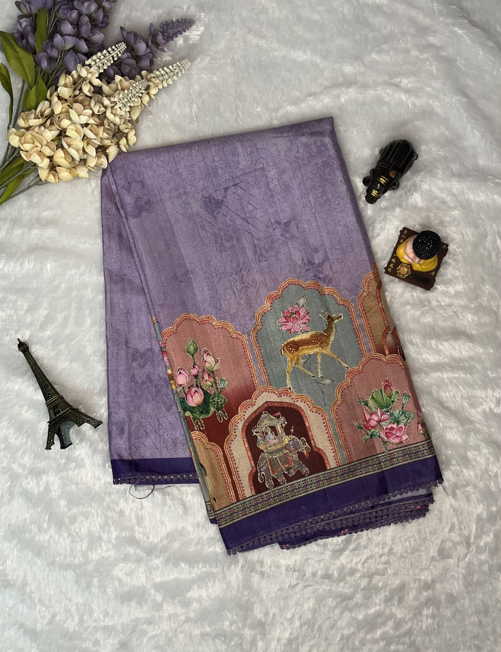 Designer Saree - Artistic Heritage Embroidered Motifs - Lavender Colour