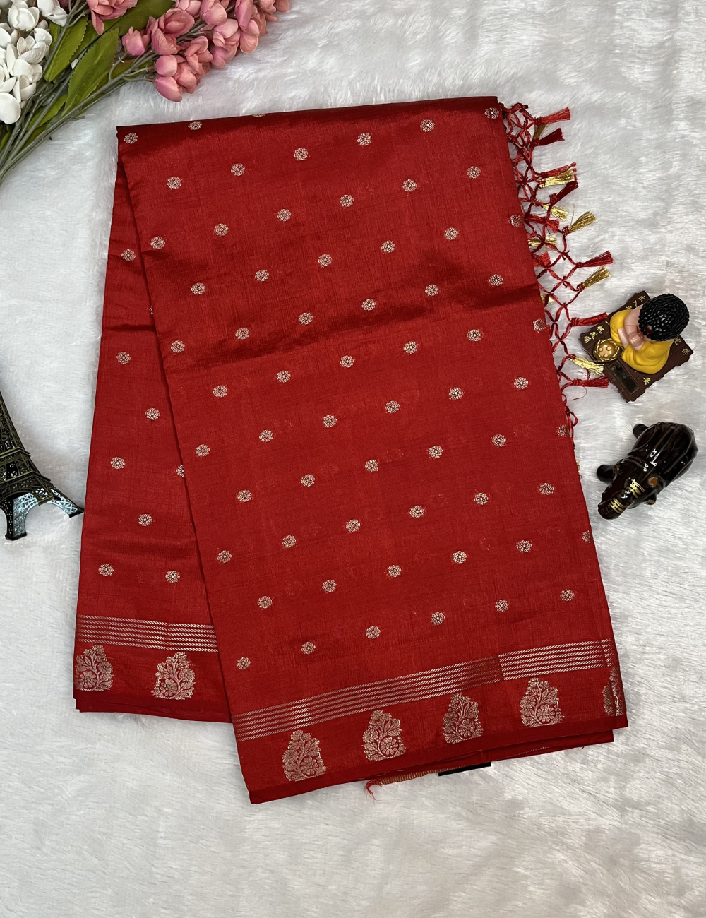 Red Semi Tussar Saree with Butta All Over - Small Border