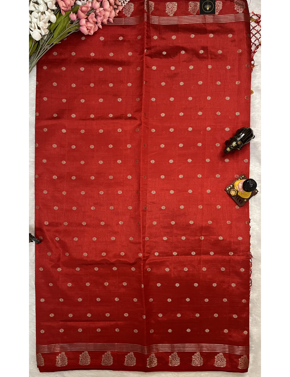 Red Semi Tussar Saree with Butta All Over - Small Border
