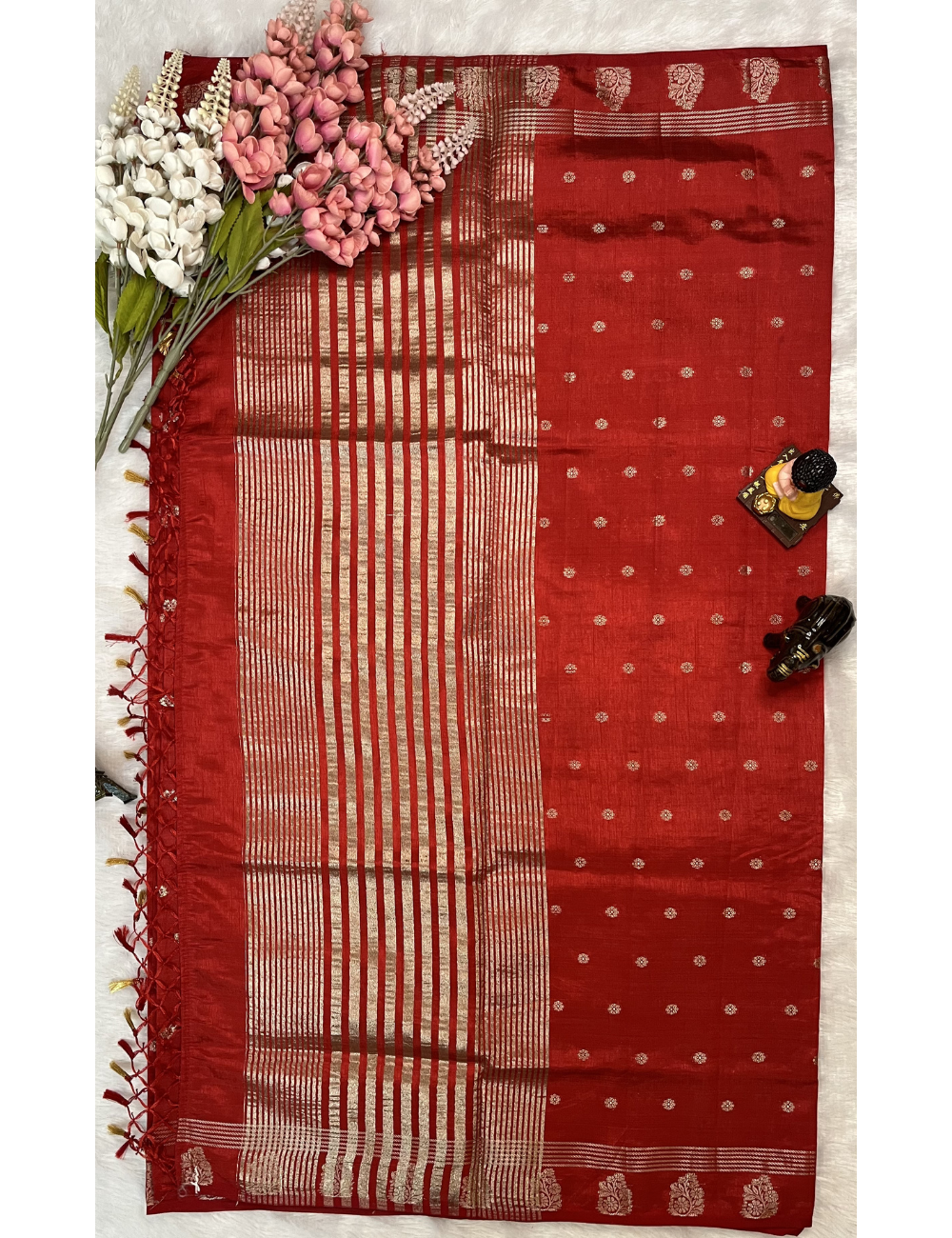 Red Semi Tussar Saree with Butta All Over - Small Border