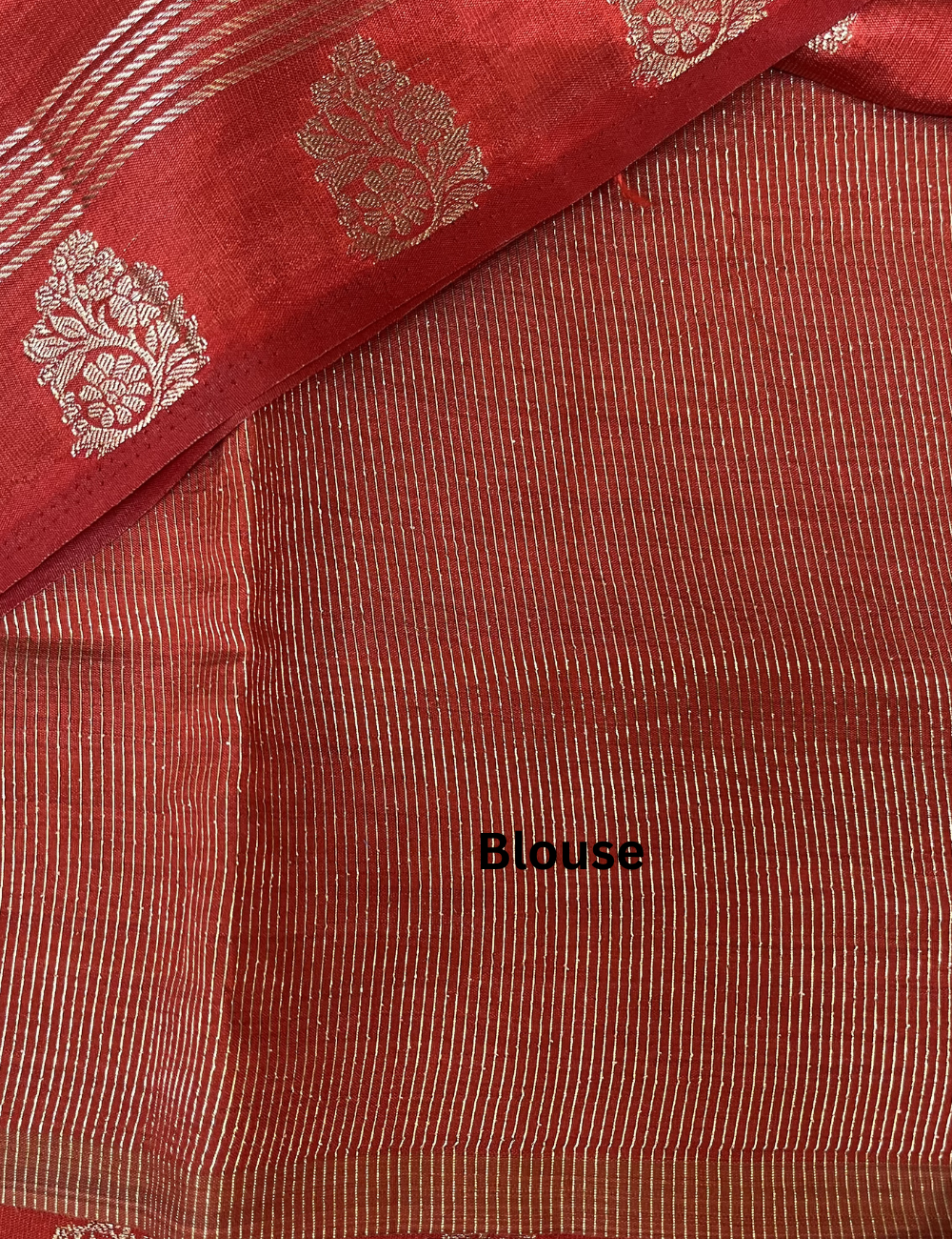 Red Semi Tussar Saree with Butta All Over - Small Border