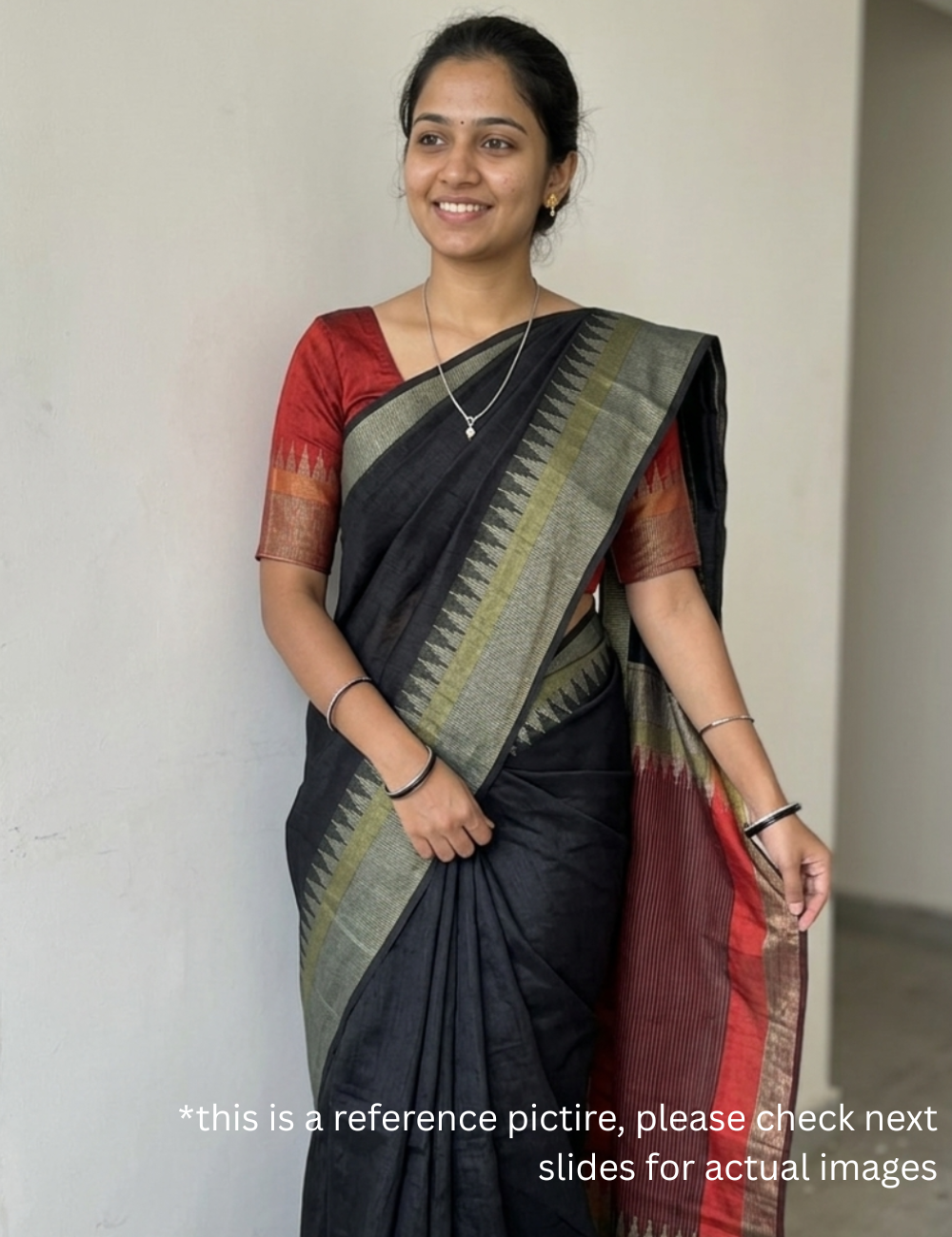 Jute Cotton Saree in Plain Black and Red - Temple Border