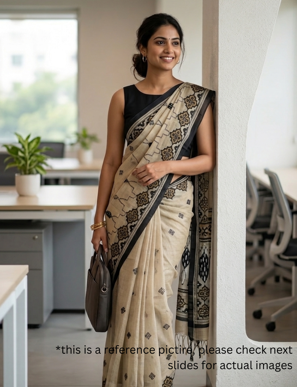 Linen Cotton Saree with Full Knot Work Embroidery - Ivory and Black