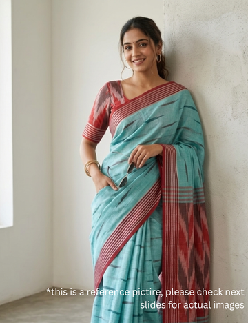 Ikkat Cotton Saree - Lightweight - Blue with Maroon