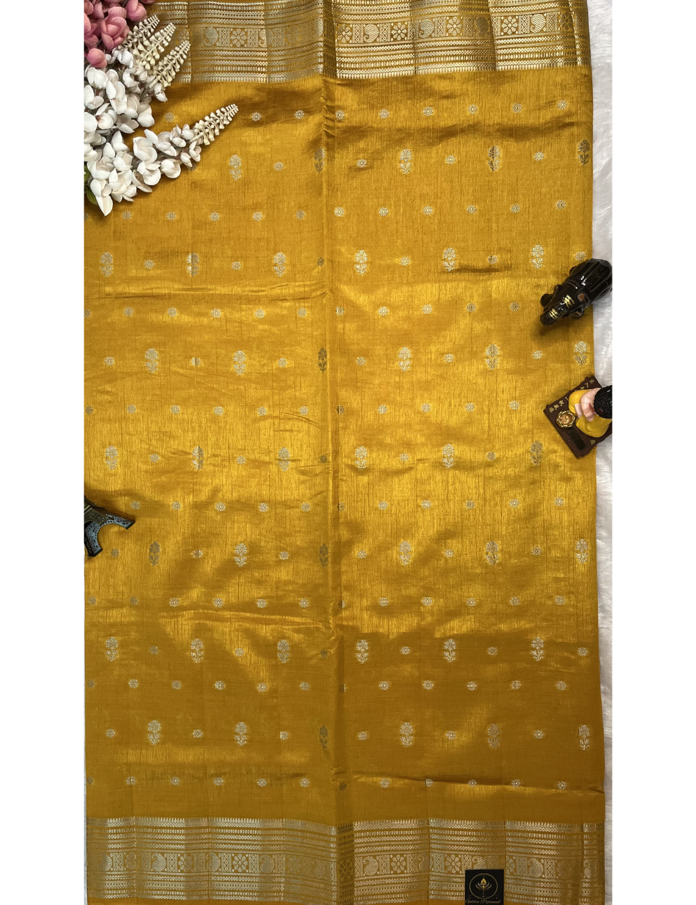 Yellow Semi Tussar Saree with Butta All Over - Rich Traditional Border