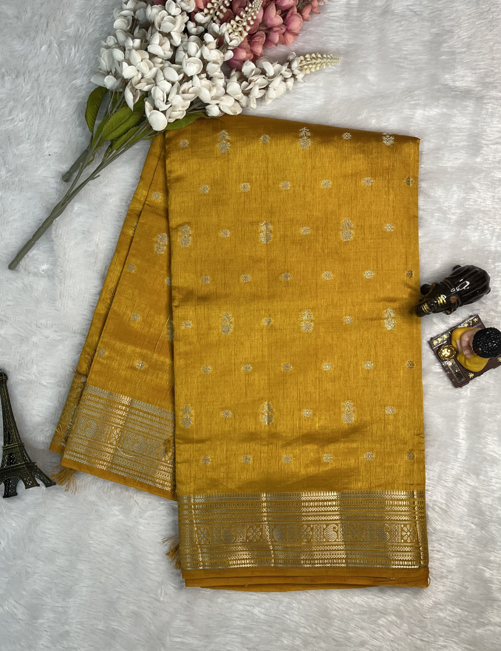 Yellow Semi Tussar Saree with Butta All Over - Rich Traditional Border