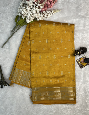 Yellow Semi Tussar Saree with Butta All Over - Rich Traditional Border