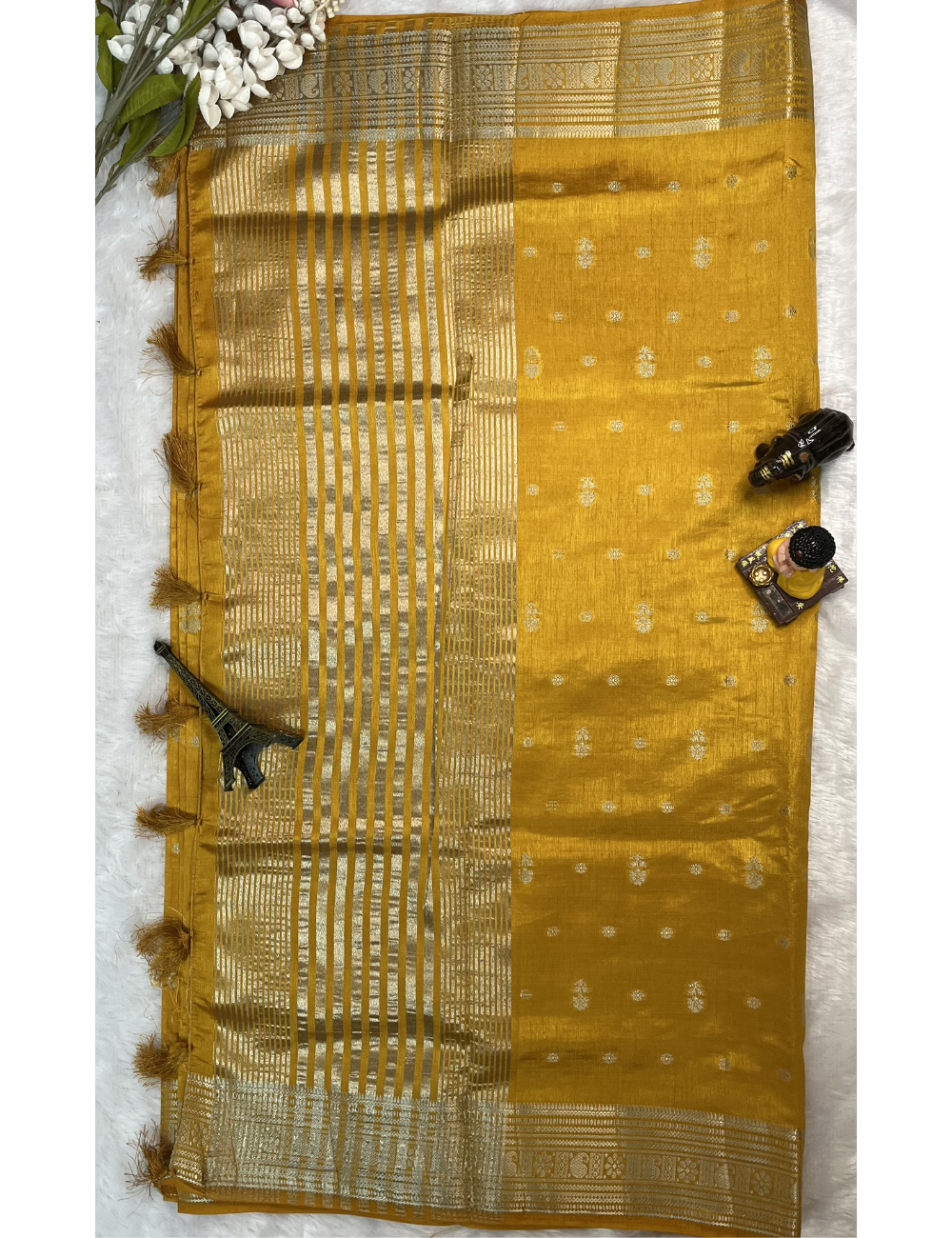 Yellow Semi Tussar Saree with Butta All Over - Rich Traditional Border
